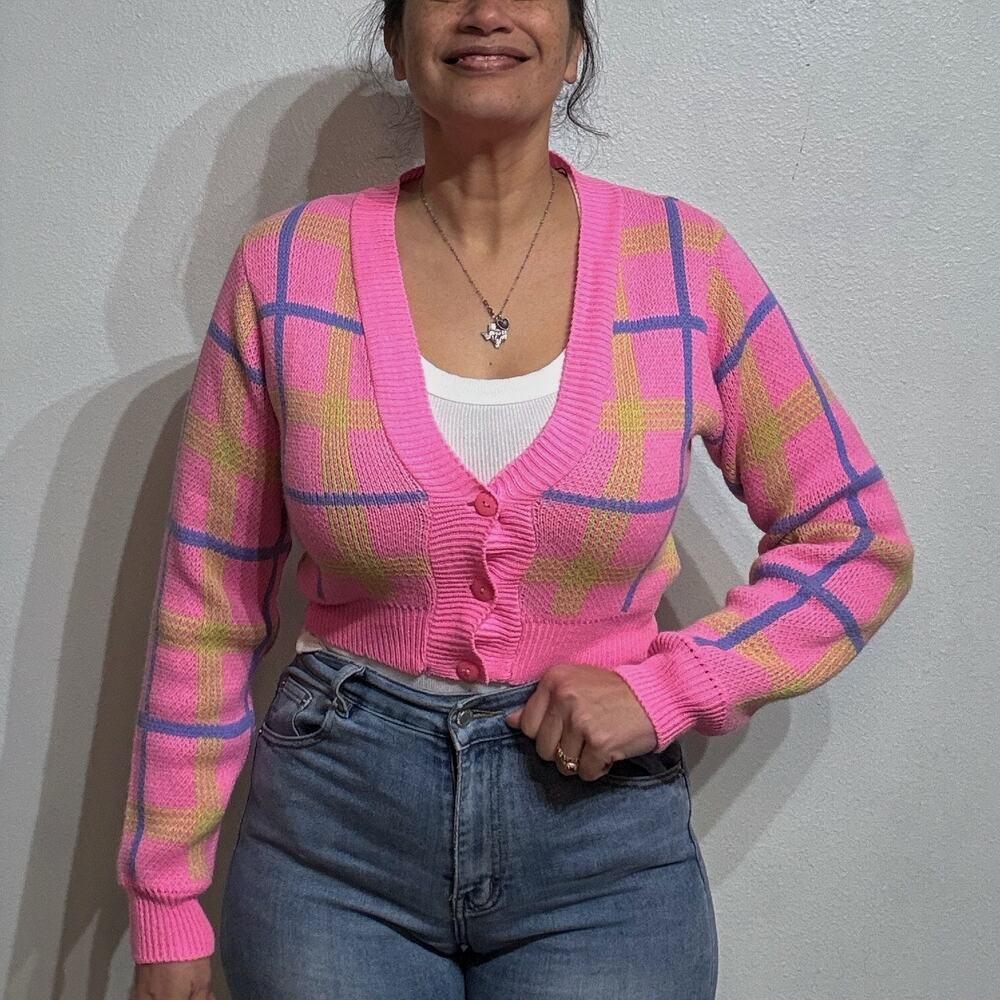 Missguided Pink Plaid Cropped Cardigan Sz 2 NWOT